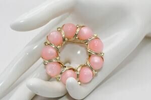 Vintage Pink Moonglow Lucite Wreath Brooch Rhinestone Accents Gold Tone
